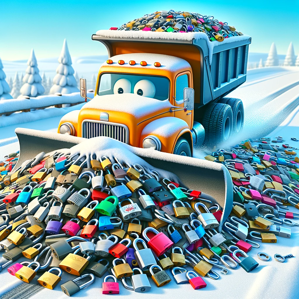 Cute snow truck plowing a lot of padlocks